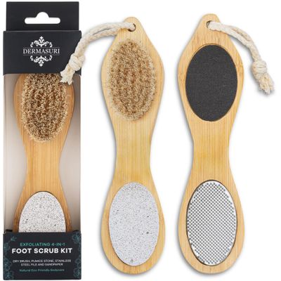 Dermasuri 4 in 1 Exfoliating Foot Scrub Kit - Multi Purpose Foot Care - Natural Bamboo Pedicure Foot Spa Kit - Pumice Stone Callus Remover, Stainless Steel File, Sand Paper Surface, &amp; Dry Brush