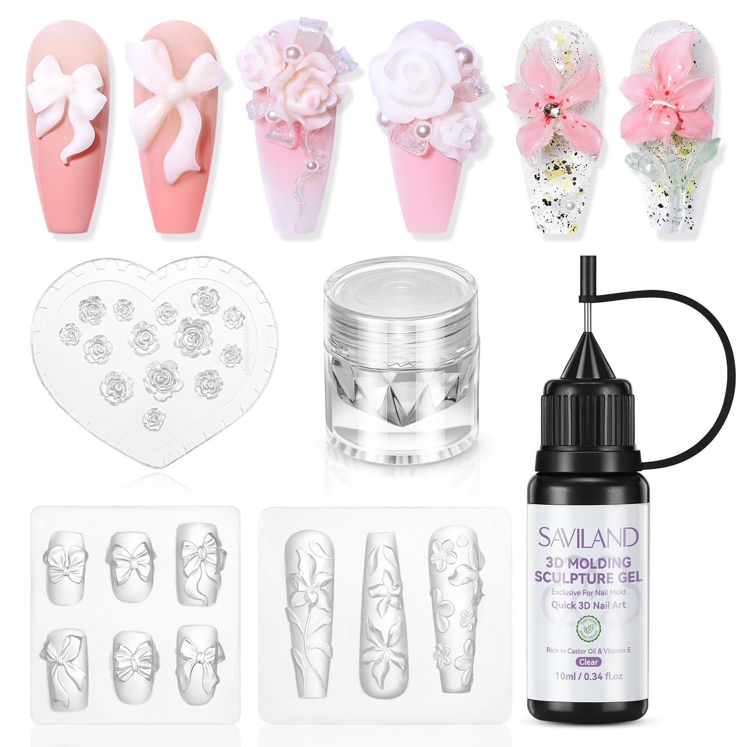 SAVILAND Essentials 3D Nail Gel Kit: 1-Minute Quick Molding Clear No Wipe 3D Sculpting Gel for Nail Art Design with White Pearl Chrome Powder Silicone Molds for DIY 3D Charm Beginner Nail Kit Home Use