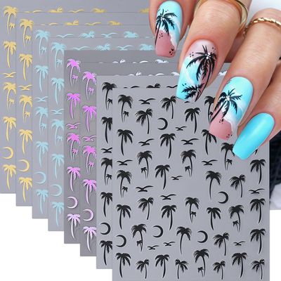 Summer Coconut Tree Nail Stickers - 8 Sheets Colorful Tropical Palm Seagull Nail Decals Black Gold Blue Holographic Coconut Tree Designs Nail Art Accessories for Women Acrylic Nails Summer Nail Decor