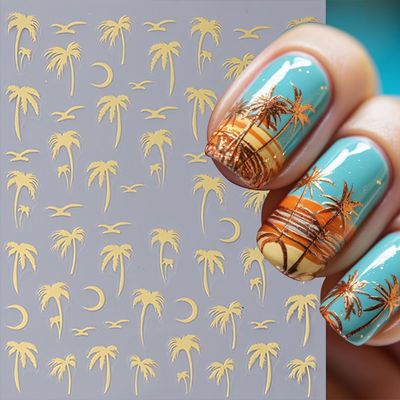 Summer Coconut Tree Nail Stickers - 8 Sheets Colorful Tropical Palm Seagull Nail Decals Black Gold Blue Holographic Coconut Tree Designs Nail Art Accessories for Women Acrylic Nails Summer Nail Decor
