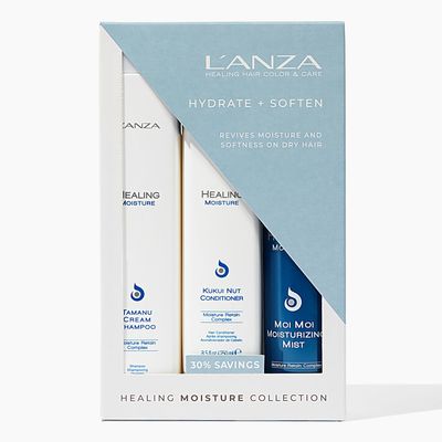 LANZA Healing Moisture Trio Hair Kit, Tamanu Cream Shampoo, Kukui Nut Conditioner &amp; Moi Moi Moisturizing Mist Hairspray in a Gift Box, Luxury Hair Care Kit (10.1/8.5/6.8 Fl Oz)