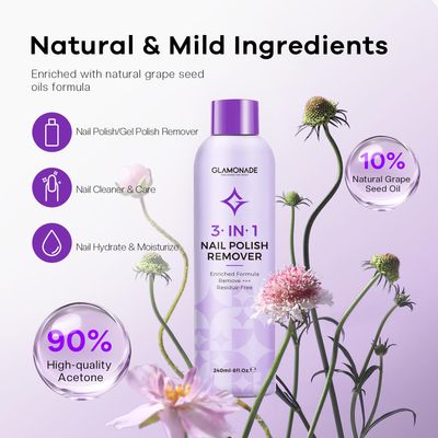 Glamonade Acetone Nail Polish Remover: Professional Soak off Gel Nail Polish Remover Enriched with Natural Grape Seed Oil 8 Fl Oz for Gel Acrylic Nail Glue Dip Powder for Home Salon