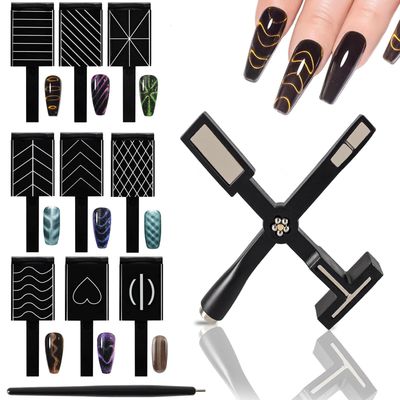 11PCS Cat Eye Gel Nail Polish Tools Set, Nail Art Magnet Tool Set For Cat Eye Nail Polish, 5 in 1 Nail Magnet Tool, 9PCS Stripe Magnet Plates and Magnet Pen for Nail Art Nail Salon or DIY (Black)