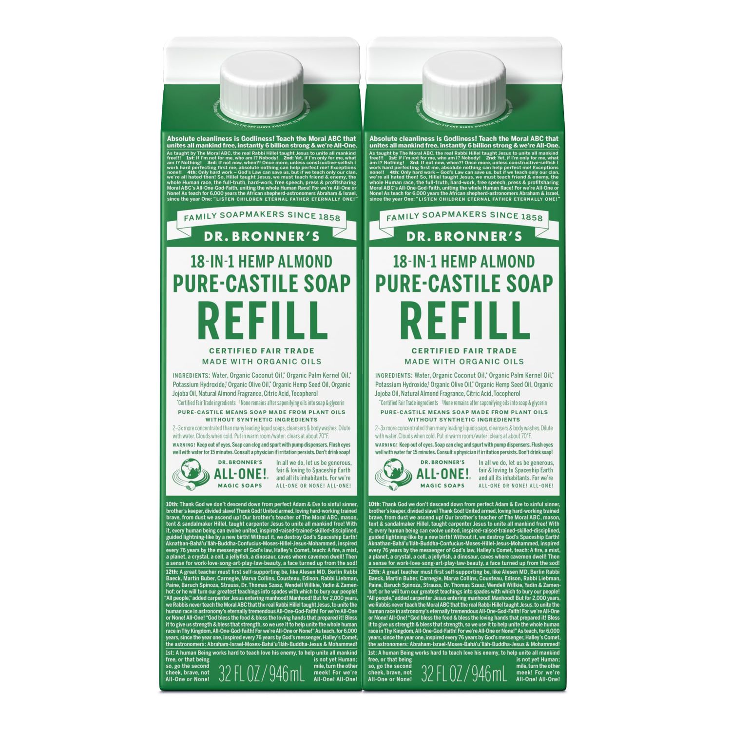 Dr. Bronners Magic Soap Pure-Castile Liquid Soap Refill - Made with Regenerative Organic Certified Oils, 82 Less Plastic - 18-in-1 Uses for Face, Body Wash, Hand Soap Refill- Almond, 2-Pack, 32oz