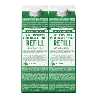 Dr. Bronners Magic Soap Pure-Castile Liquid Soap Refill - Made with Regenerative Organic Certified Oils, 82 Less Plastic - 18-in-1 Uses for Face, Body Wash, Hand Soap Refill- Almond, 2-Pack, 32oz
