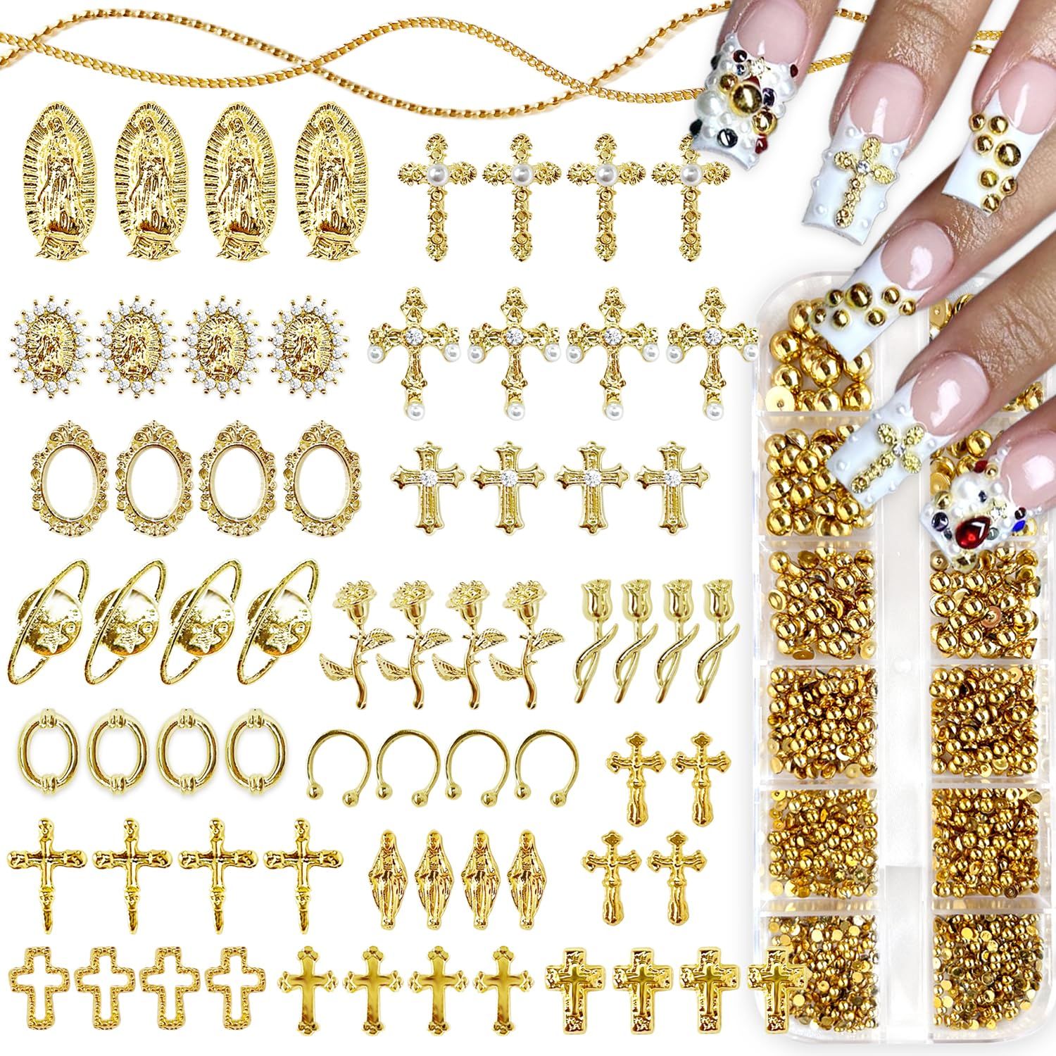 3D Cross Nail Charms,Gold Flat Back Nail Pearls Beads for Crafting,Cute Nail Charms Y2k Rhinestones Jewelry for Nail Art Flower Virgin Mary Religious Charms Gems Bulk Nail Chains (Gold)