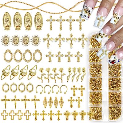 3D Cross Nail Charms,Gold Flat Back Nail Pearls Beads for Crafting,Cute Nail Charms Y2k Rhinestones Jewelry for Nail Art Flower Virgin Mary Religious Charms Gems Bulk Nail Chains (Gold)