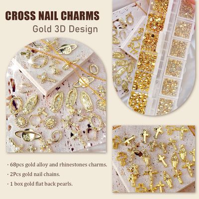 3D Cross Nail Charms,Gold Flat Back Nail Pearls Beads for Crafting,Cute Nail Charms Y2k Rhinestones Jewelry for Nail Art Flower Virgin Mary Religious Charms Gems Bulk Nail Chains (Gold)