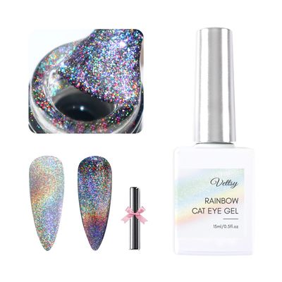 Vettsy Universal Rainbow Cat Eye Gel Nail Polish, Soak off Holographic Laser Cat Eye Gel Nail Polish Galaxy Chameleon Magnetic Gel with Magnetic Stick for Salon Designs and DIY Manicure Art 15ML