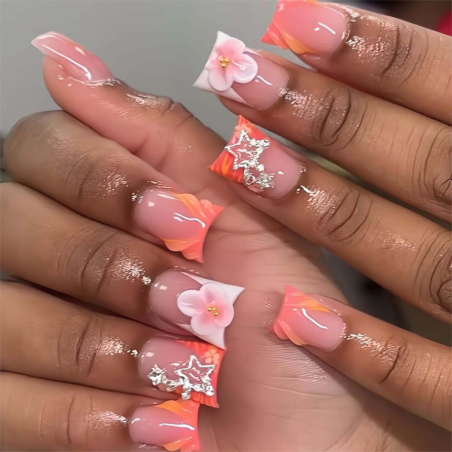 24Pcs Medium Press on Nails Duck Fake Nails Orange French Tip Nails Press on with Charms Star and Flower Designs False Nails Glossy Full Cover Acrylic Nails Glue on Nails for Women Girls