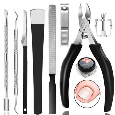 Ingrown Toenail Removal Kit,Nail Treatment Foot Tool,Ingrown Toenail Tools Correction nail Clippers,Nail File Lifter, Professional Pedicure&amp;Manicure set Tools (9cs Ingrown toenail removal kits black)