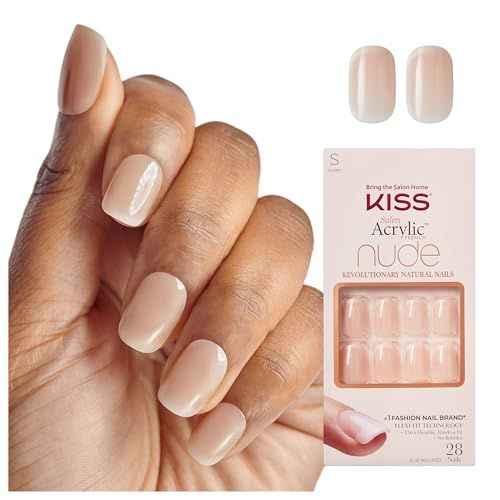 KISS Salon Acrylic French Tip Press On Nails, Chic Beats, Natural Nude, Short Squoval, Nail Kit with 28 Fake Nails, Pink Gel Nail Glue (2g), Mini Nail File, &amp; Manicure Stick