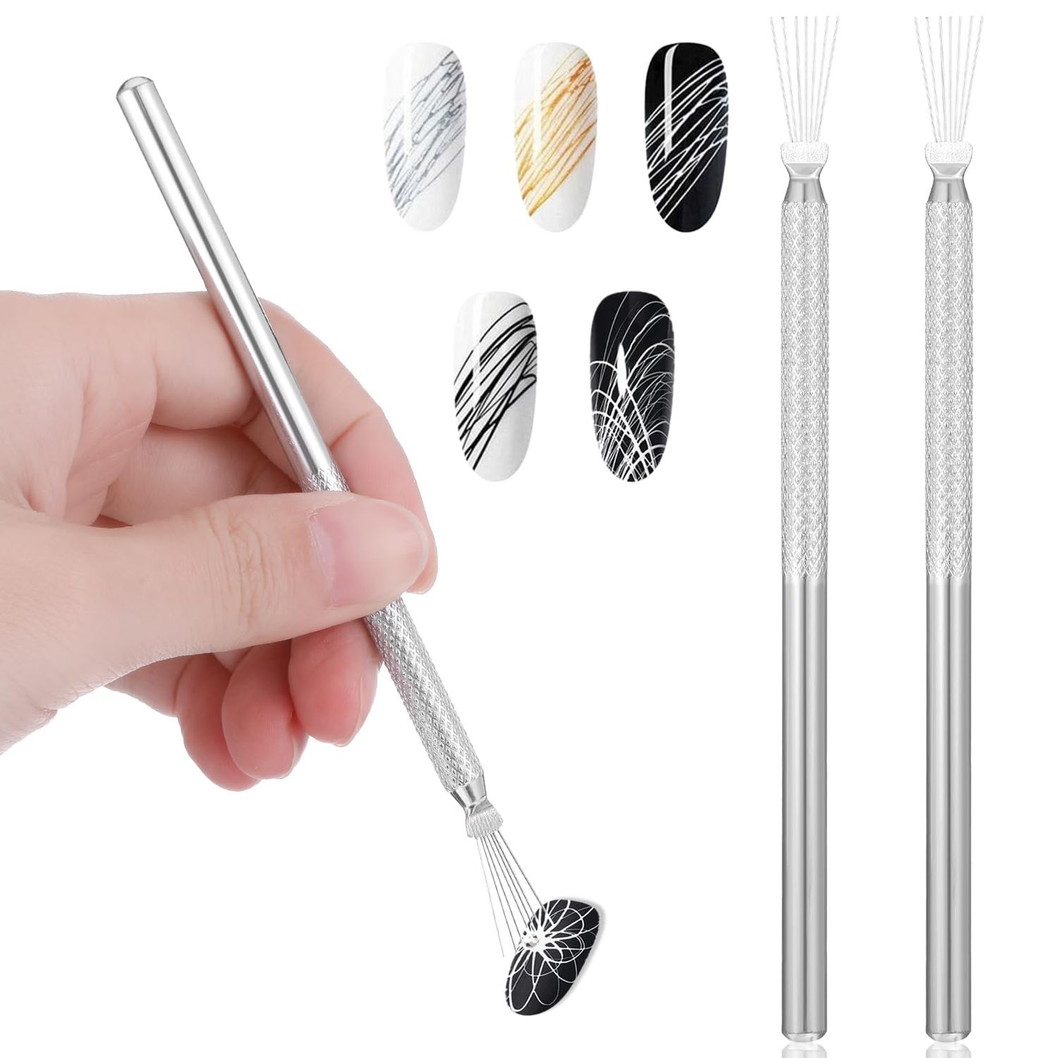 2pcs 7-pin Nail Liner Nail Art Tools, Nail Art Line Painting Tool, Stainless Steel Handle Bendable Pins Ultra-thin Line Nail Brush, Stripe Lines Nail Art Pens, Spider Gel Manicure Tools