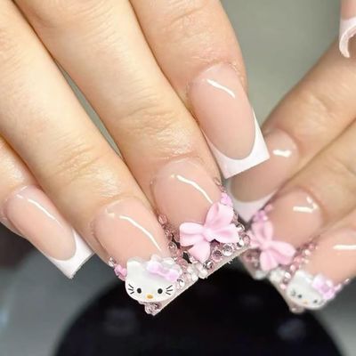 24Pcs French Tip Press on Nails Medium Coffin Nails White French Nail Tip Fake Nails Pink Glossy Acrylic Nails with Nail Rhinestone Design Full Cover French Tip False Nails Stick on Nails for Women