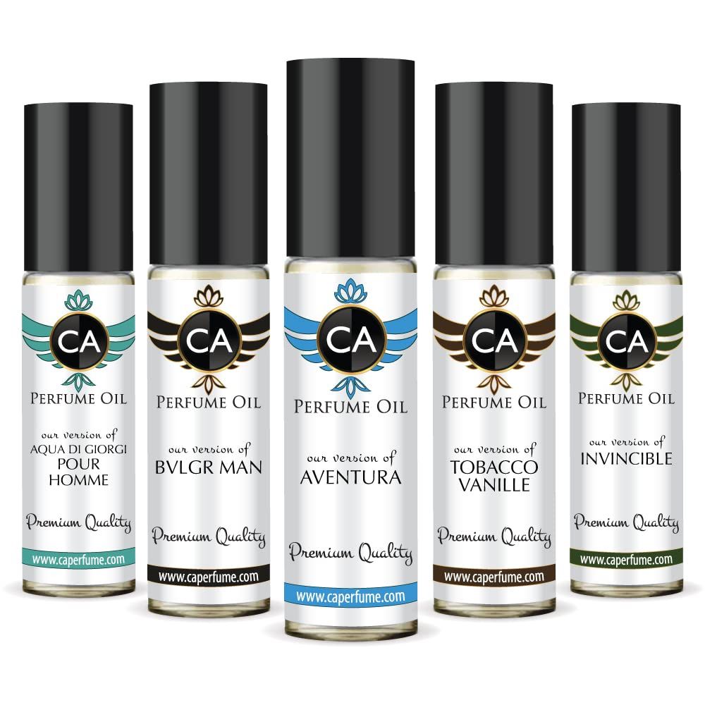 CA Perfume All Time Classic Men Set Impression of (Aventura Aqua Di Giorgi Pour Homme Invincible Bvlg. Man Tobacco Vanille) Fragrance Body Oils Travel Size Roll-On (0.3 Fl Oz/10 ml) X5