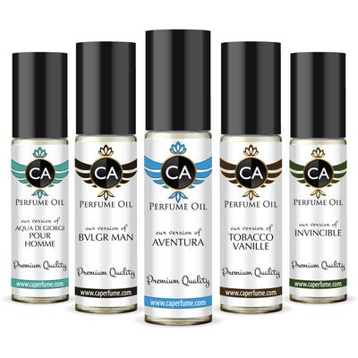 CA Perfume All Time Classic Men Set Impression of (Aventura Aqua Di Giorgi Pour Homme Invincible Bvlg. Man Tobacco Vanille) Fragrance Body Oils Travel Size Roll-On (0.3 Fl Oz/10 ml) X5