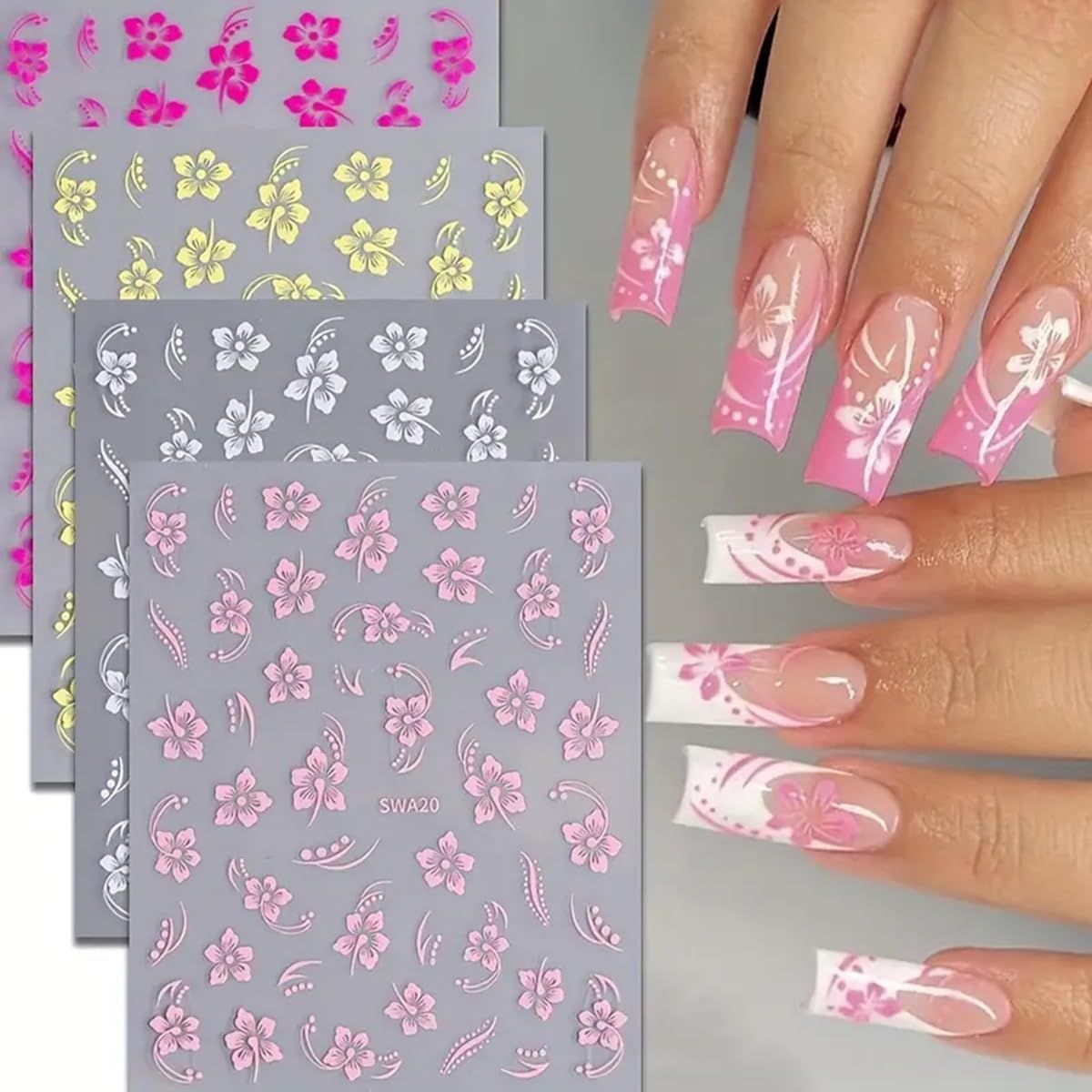 8PCS Flower Nail Art Stickers, Hawaiian Flowers Nail Decals White Pink Yellow 3D Self-Adhesive Flowers Stickers for Nails Summer Floral Manicure Sliders for Women Girls Nail Art Decorations