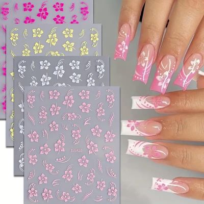 8PCS Flower Nail Art Stickers, Hawaiian Flowers Nail Decals White Pink Yellow 3D Self-Adhesive Flowers Stickers for Nails Summer Floral Manicure Sliders for Women Girls Nail Art Decorations