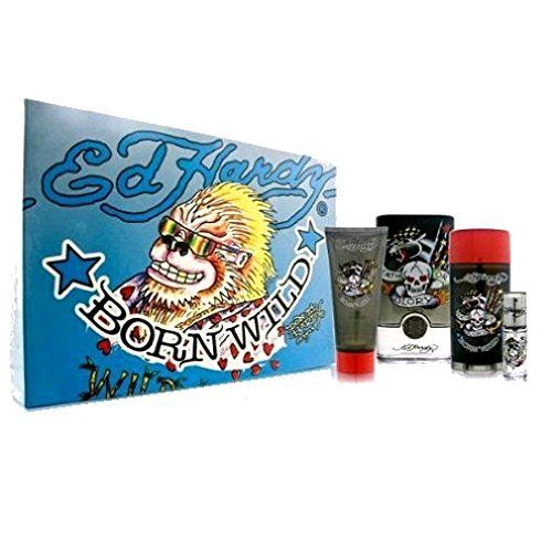 Ed Hardy Born Wild for Men 4 Piece Set Includes: 3.4 oz Eau de Toilette Spray 0.25 oz Eau de Toilette Travel Spray 3.0 oz Hair &amp; Body Wash 2.75 oz