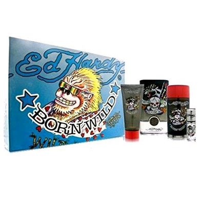 Ed Hardy Born Wild for Men 4 Piece Set Includes: 3.4 oz Eau de Toilette Spray 0.25 oz Eau de Toilette Travel Spray 3.0 oz Hair &amp; Body Wash 2.75 oz