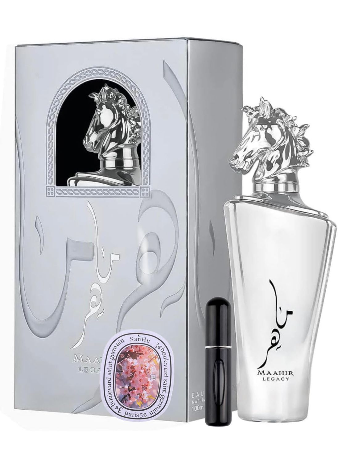 Bundle of Lattafa Perfumes Mahir Legacy 3.4oz Eau De Perfume with 1 Travel Refillable Bottle(5ML) &amp; 1 Scented Car Freshener Card