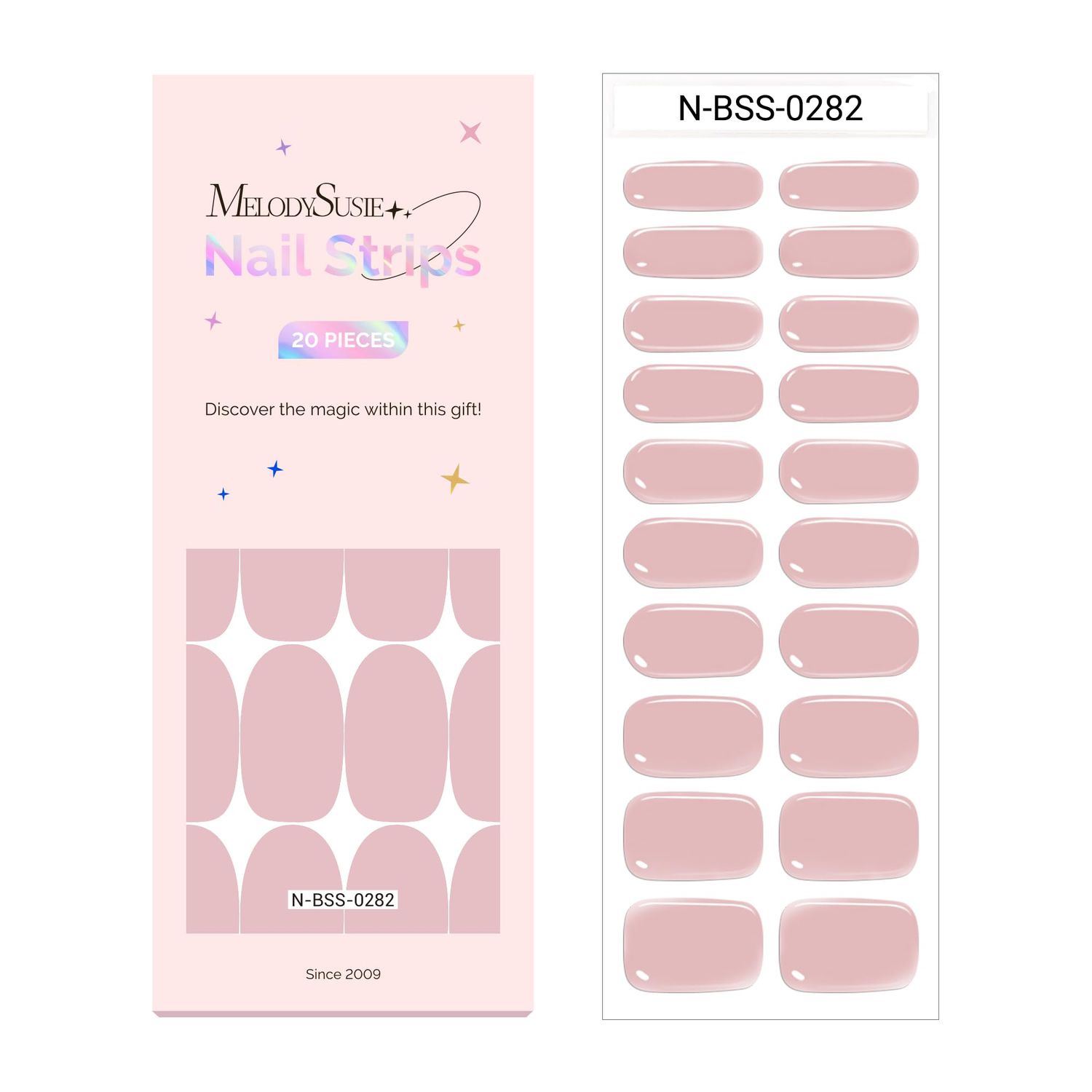 MelodySusie Semi Cured Gel Nail Strips (Camille Pink), Works with Nail Lamp, Salon Quality, Long Lasting, Easy to Apply and Remove, Includes 20Pcs, 2 Prep Pads, Nail File and Wooden Stick