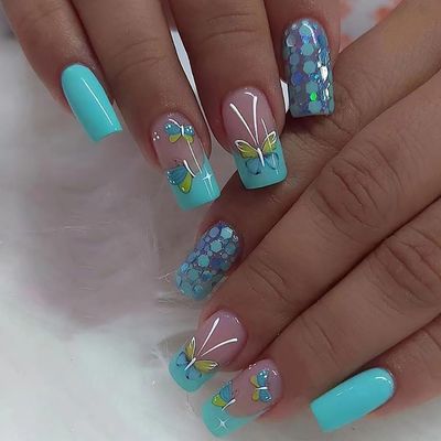 24pcs Square Press on Nails - Glossy Glue on Nails in Blue, Green with Butterfly Design - False Nails for Womens Manicure