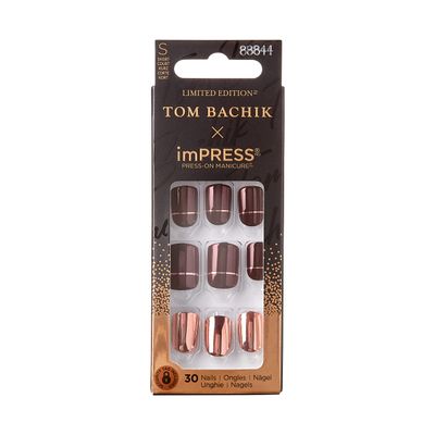 KISS TOM BACHIK x imPRESS Press-On Manicure Nail Kit, Style At The After Party Short Square Red Press-On Nails, Includes Prep Pad, Mini Nail File, Cuticle Stick, &amp; 30 Fake Nails