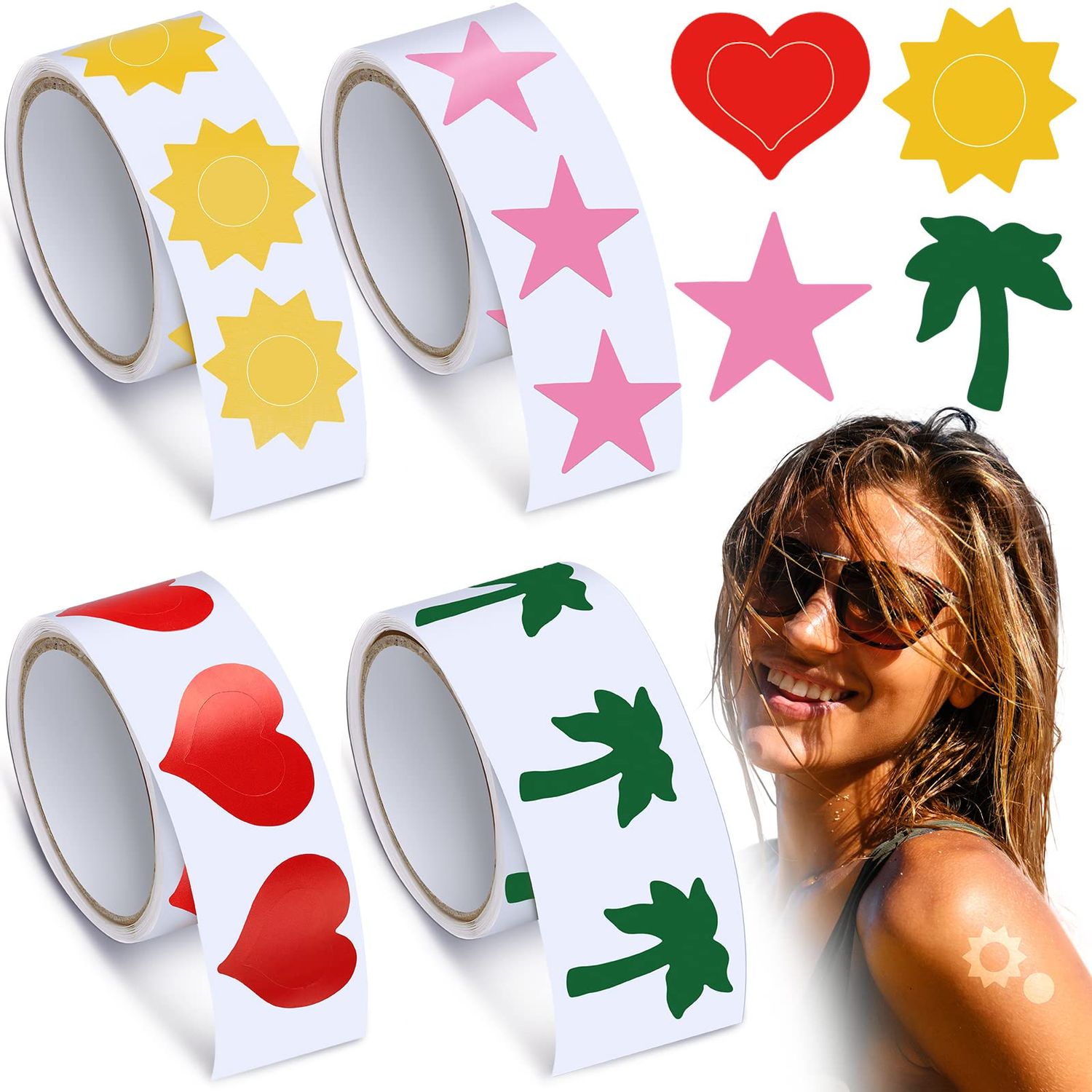 Fainne 400 Pieces Tanning Bed Stickers for Body Heart Labels Perforated Self Adhesive Small Sun Stickers for Tanning, 100 Pieces Per Roll, 1.2 x 0.8 Inches(Funny Pattern)