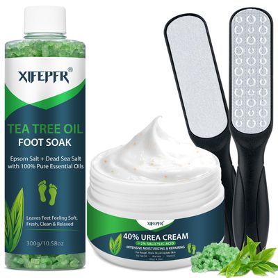 XIFEPFR Pedicure Foot Spa Tea Tree Oil Foot Soak &amp; Urea Cream 40 with Foot File Callus Remover, Soothes Sore Tired Feet, Moisturizes Dry Cracked Heels, Feet Care Kit for Women Men