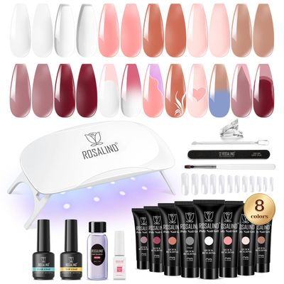 ROSALIND Poly Nail Gel Kit -8 Colors White Brown Accessories Clear Nude Poly Nails Gel Starter Kit With Slip Solution Nude Pink Extensions Set with Mini UV Lamp