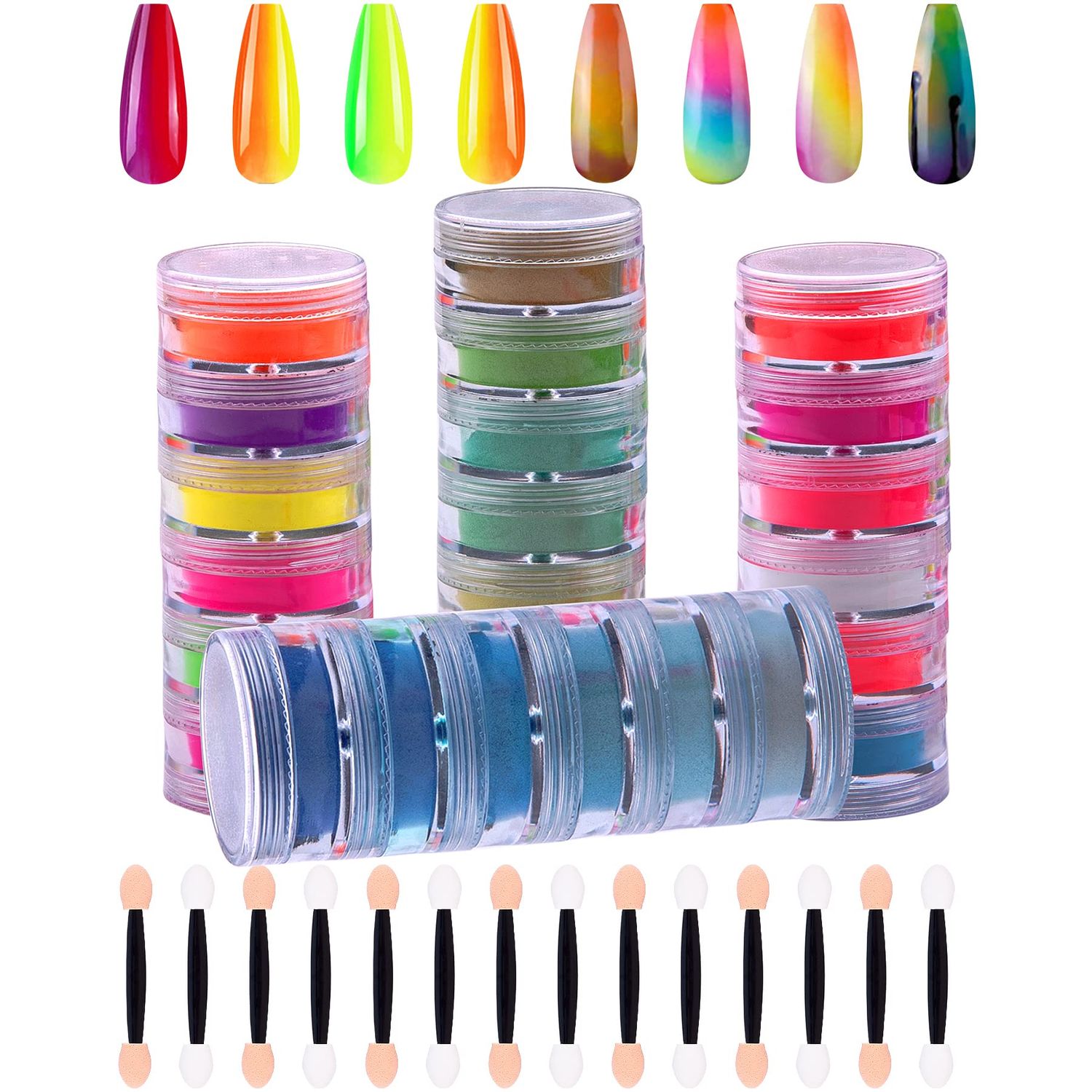 Duufin 24 Colors Nail Pigment Powder - Colorful Fluorescent, Iridescent Glitter, Pearlescent High-Gloss Halo Powder with 24pcs Eyeshadow Sticks for Nail Art, Body and Crafts