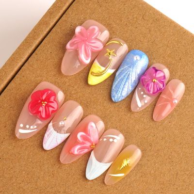 Tesytto Handmade Press on False Nails Medium Almond Fake Nails French Tips Floral Carved, Muti-Layer Gel Acrylic Nails for Women Nail Art (Sheer Floral Glow, Small)