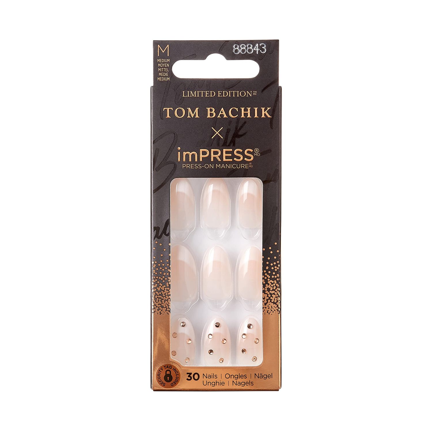 KISS TOM BACHIK x imPRESS Press-On Manicure Nail Kit, Style You Fancy Huh Medium Almond Neutral Press-On Nails, Includes Prep Pad, Mini Nail File, Cuticle Stick, &amp; 30 Fake Nails