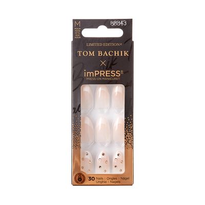 KISS TOM BACHIK x imPRESS Press-On Manicure Nail Kit, Style You Fancy Huh Medium Almond Neutral Press-On Nails, Includes Prep Pad, Mini Nail File, Cuticle Stick, &amp; 30 Fake Nails