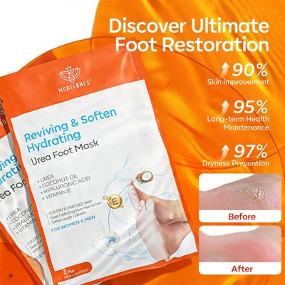 modelones 6 Pairs Hydrating Foot Mask for Dry Cracked Feet, Deep Moisturizing with Urea Coconut Oil Hyaluronic Acid Vitamin E, Foot Care for Women and Men, Soft Smooth Feet