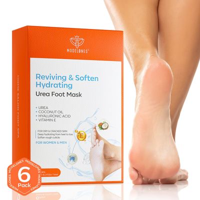 modelones 6 Pairs Hydrating Foot Mask for Dry Cracked Feet, Deep Moisturizing with Urea Coconut Oil Hyaluronic Acid Vitamin E, Foot Care for Women and Men, Soft Smooth Feet