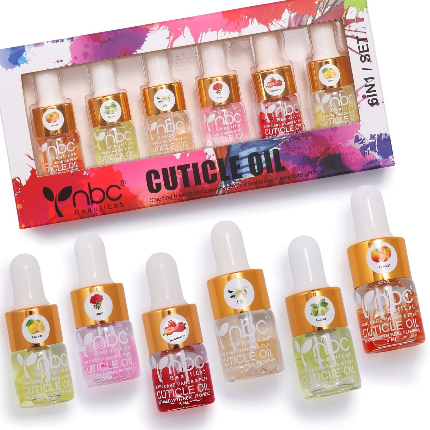 NBC BeautiLab Cuticle Oil Set - 6pcs with Flowers, Vitamin E for Nail Repair &amp; Strengthening