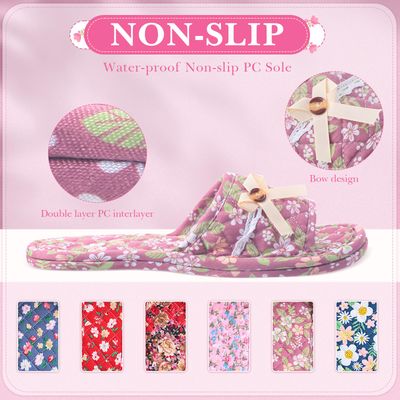 Breathffy 6 Pairs Floral Cotton House Slippers for Women Soft Open Toe Indoor Washable Portable Foldable Comfortable Hotel Travel Airplane Spa Guest Slippers