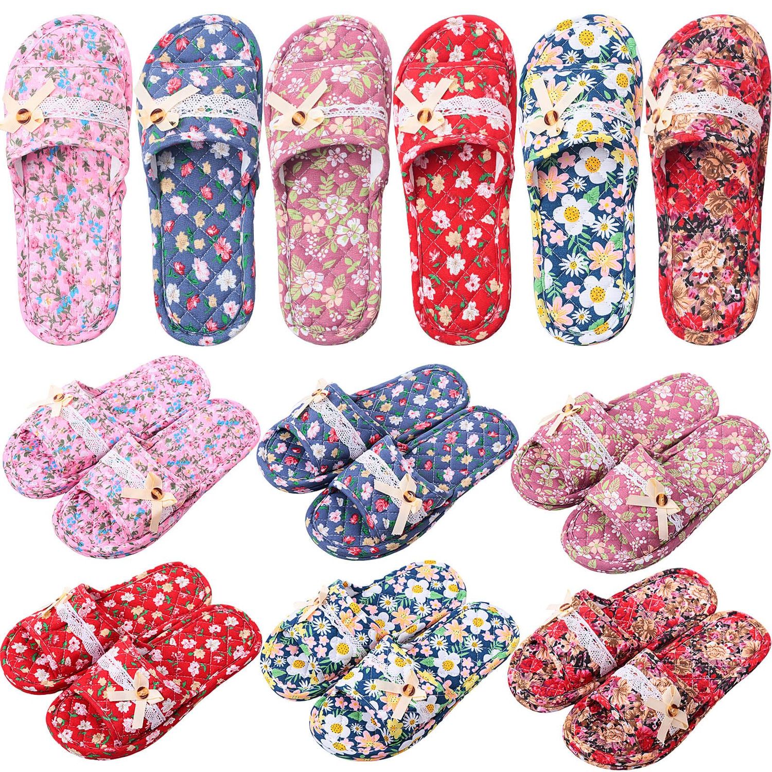 Breathffy 6 Pairs Floral Cotton House Slippers for Women Soft Open Toe Indoor Washable Portable Foldable Comfortable Hotel Travel Airplane Spa Guest Slippers
