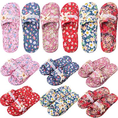Breathffy 6 Pairs Floral Cotton House Slippers for Women Soft Open Toe Indoor Washable Portable Foldable Comfortable Hotel Travel Airplane Spa Guest Slippers