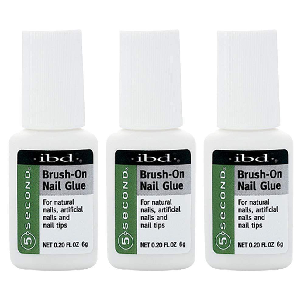 IBD 5-Second Brush On Nail Glue - Strong Nail Glue for Press Ons and Acrylic Nails, Quick-Dry Gel for Split or Broken Nails, Nail Bond &amp; Repair - 6g, 3-Pack