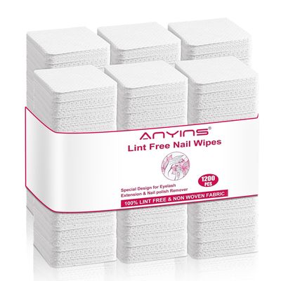 ANYINS Lint Free Nail Wipes, 1200PCS White Lint Free Wipes Non-woven Fabric Gel Polish Remover Super Absorbent Soft Nail Polish Remover for Nail Salon, Home DIY