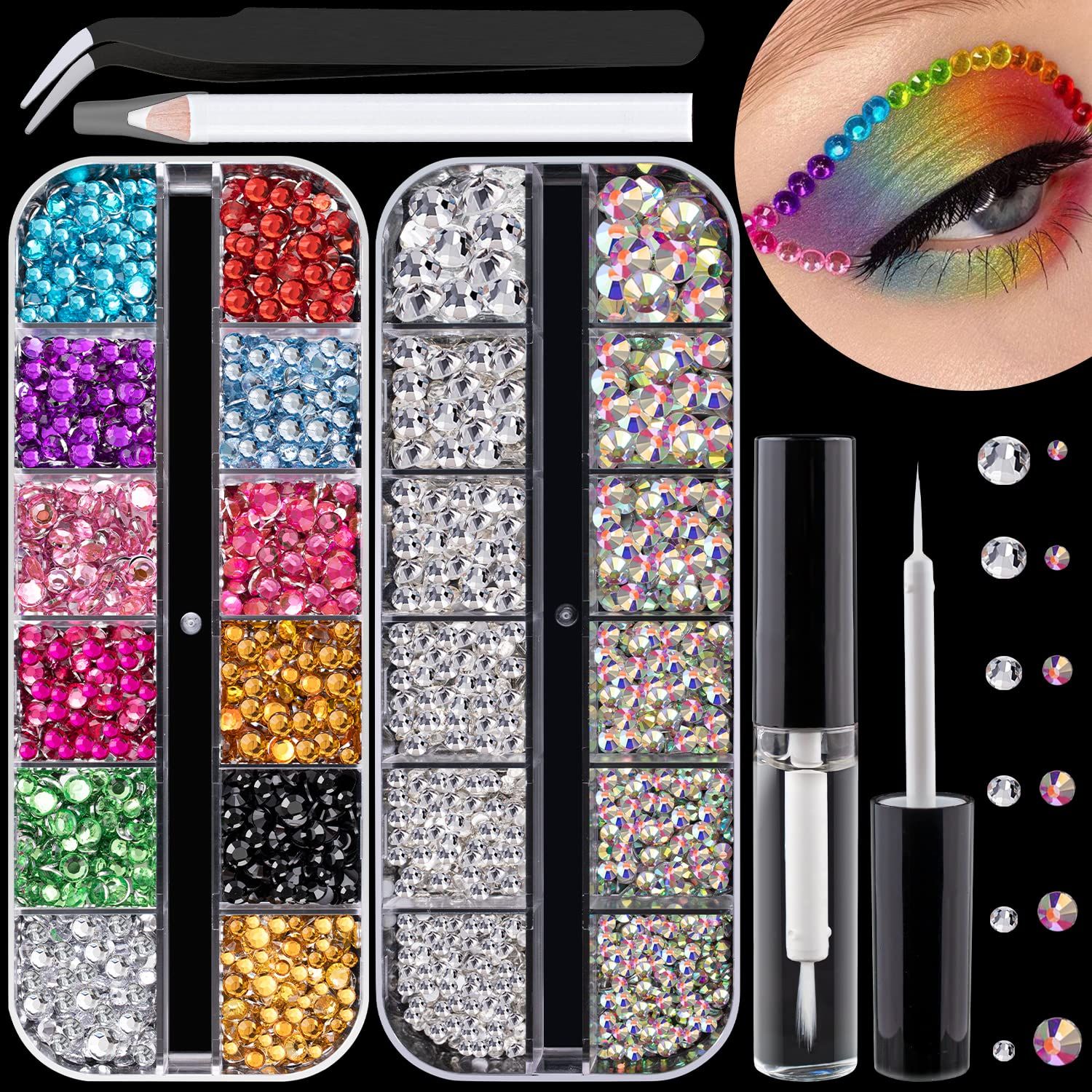 Flat Back Rhinestone Kits Colorful RhinestonesCrystal AB&amp;Transparent White Face Gems Nail Gem with Quick Dry Makeup GluePicker PencilTweezer for Bedazzling Face Makeup and Nail Art