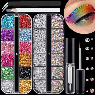 Flat Back Rhinestone Kits Colorful RhinestonesCrystal AB&amp;Transparent White Face Gems Nail Gem with Quick Dry Makeup GluePicker PencilTweezer for Bedazzling Face Makeup and Nail Art