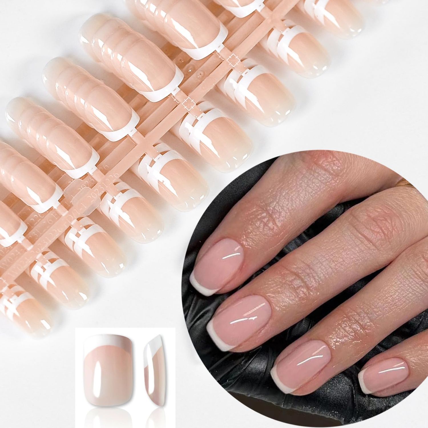 120Pcs White French Tip Press-on Short Square Round Fake Nails - Full Cover Glossy Nude False Acrylic Glue-on With 5 Sheets Adhesive Tabs for Kid Women Girls Finger Design