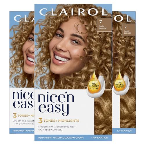 Clairol Nicen Easy Permanent Hair Dye, 7 Dark Blonde Hair Color, Pack of 3