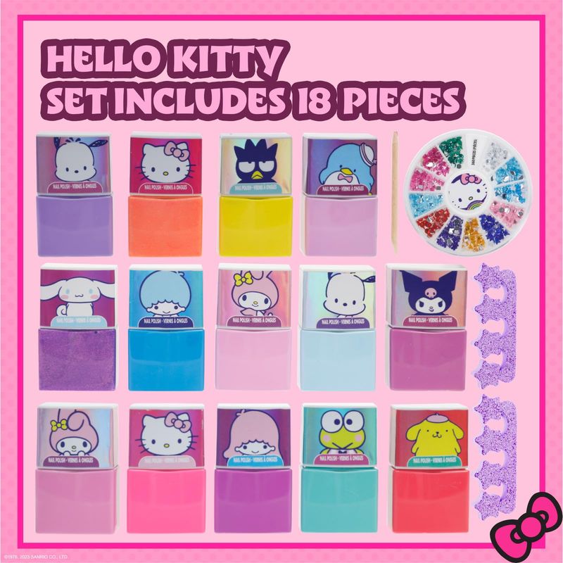 Townley Girl Hello Kitty and Friends Peel-Off Nail Polish Set with Glittery Shimmery &amp; Opaque Colors &amp; Nail Accessories for Girls Ages 3 For Parties &amp; Makeovers, 18 Pc Set