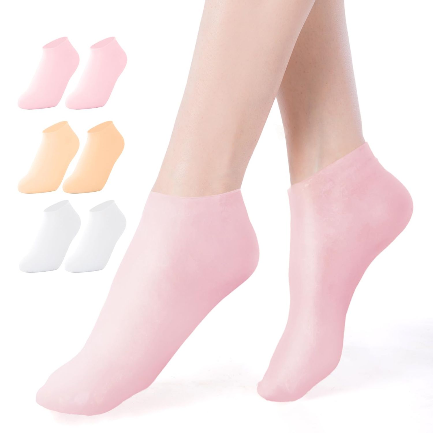 NOVAYARD Silicone Moisturizing Socks Anti Slip Silicone Gel Socks for Dry Cracked Feet 3 Pairs (PinkNudeWhite,L)