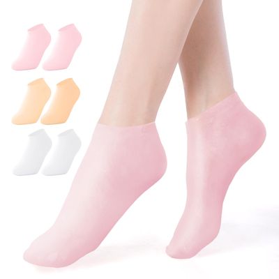 NOVAYARD Silicone Moisturizing Socks Anti Slip Silicone Gel Socks for Dry Cracked Feet 3 Pairs (PinkNudeWhite,L)